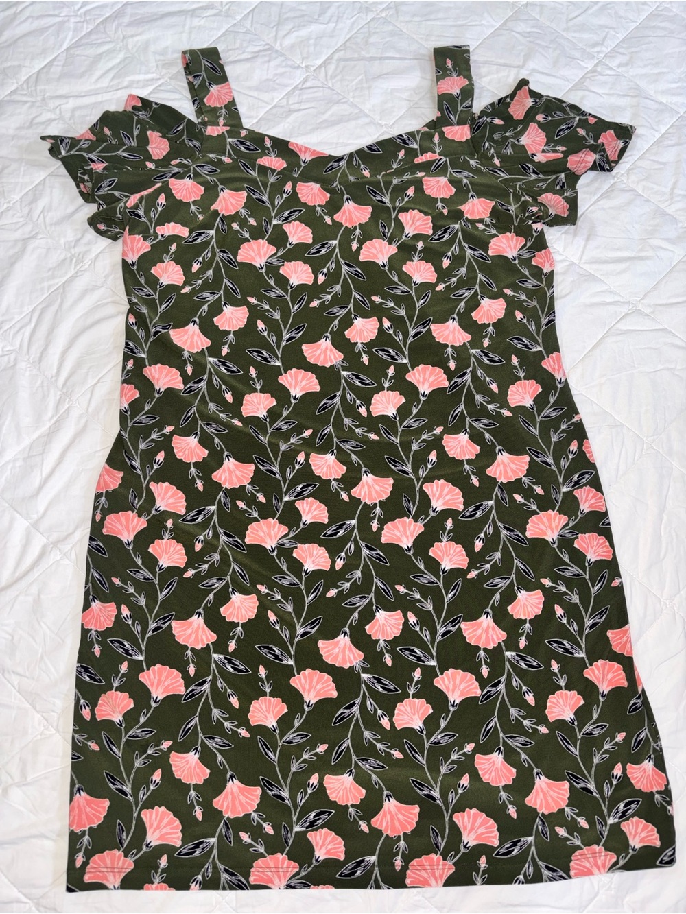 Roz & Ali Olive Cold Shoulder Dress with Coral Floral Print